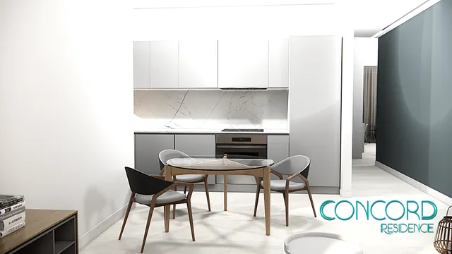 Render of the kitchen in a Concord Residence two-bedroom suite