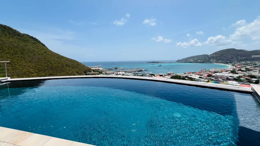 Infinity pool at Villa Mary looking down over Great Bay and Philipsburg, Sint Maarten